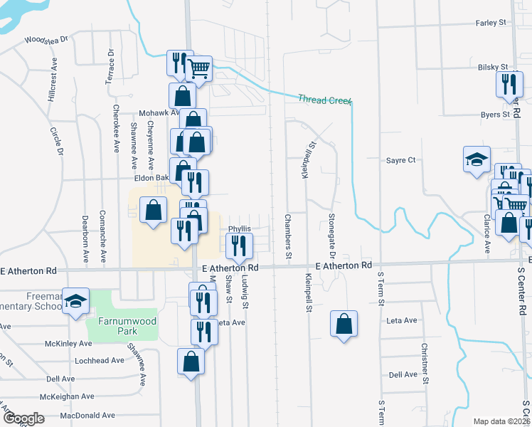 map of restaurants, bars, coffee shops, grocery stores, and more near 134 East Street in Flint