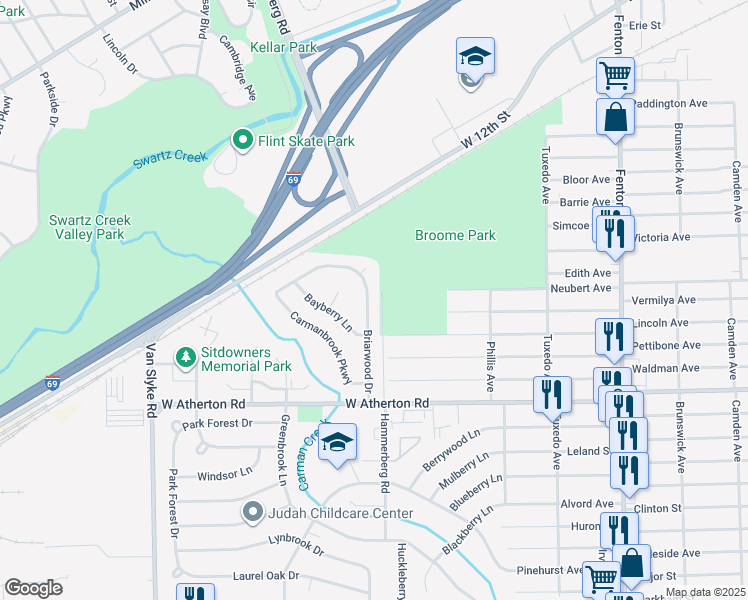 map of restaurants, bars, coffee shops, grocery stores, and more near 3209 Briarwood Drive in Flint