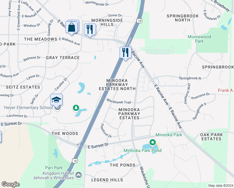 map of restaurants, bars, coffee shops, grocery stores, and more near 1117 Fleetfoot Drive in Waukesha