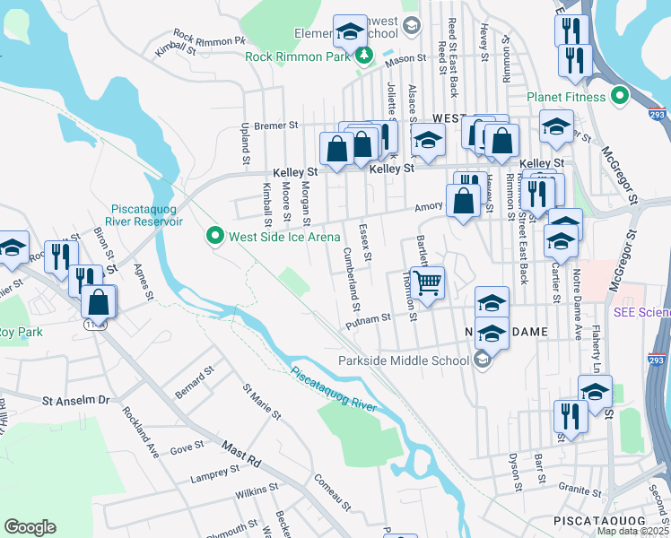 map of restaurants, bars, coffee shops, grocery stores, and more near 92 Kearsarge Street in Manchester