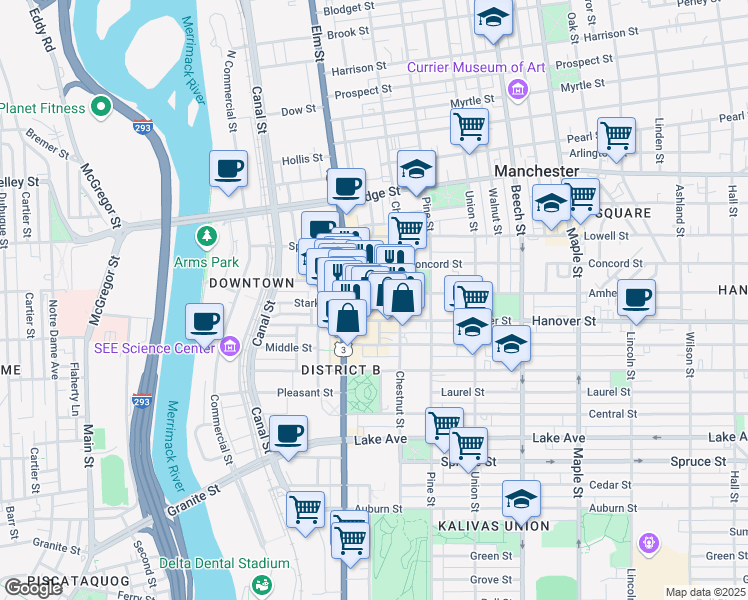 map of restaurants, bars, coffee shops, grocery stores, and more near 35 Amherst Street in Manchester