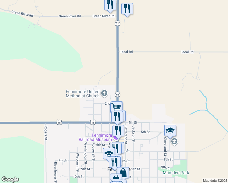 map of restaurants, bars, coffee shops, grocery stores, and more near 13380 South Highway 61 in Fennimore