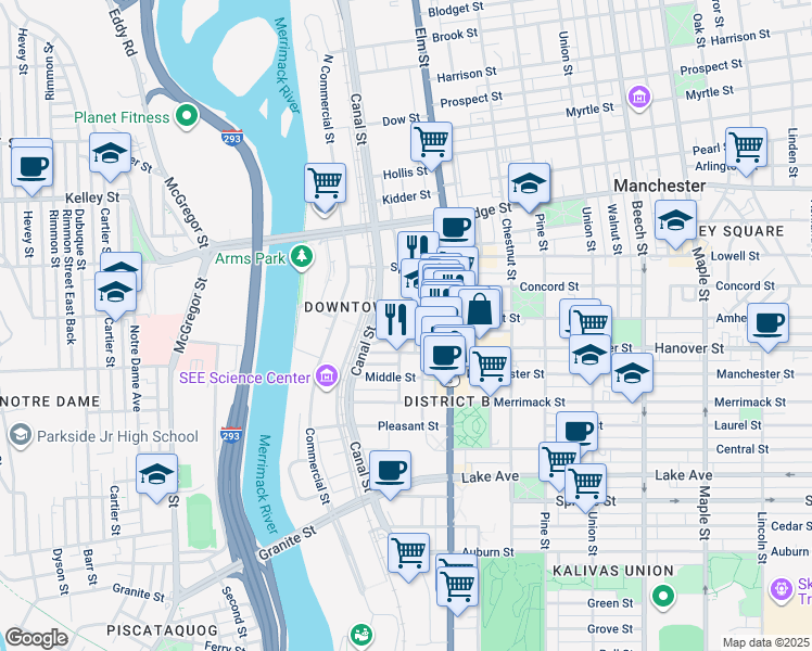 map of restaurants, bars, coffee shops, grocery stores, and more near 67 Stark Street in Manchester