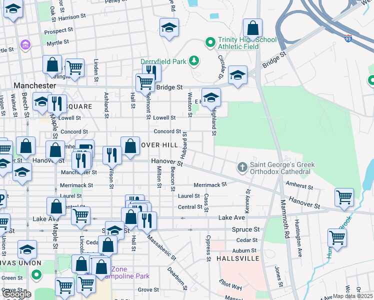 map of restaurants, bars, coffee shops, grocery stores, and more near 49 Hubbard Street in Manchester