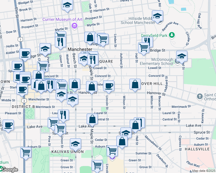 map of restaurants, bars, coffee shops, grocery stores, and more near 554 Lincoln Street in Manchester