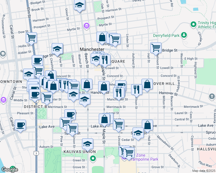 map of restaurants, bars, coffee shops, grocery stores, and more near 453 Maple Street in Manchester