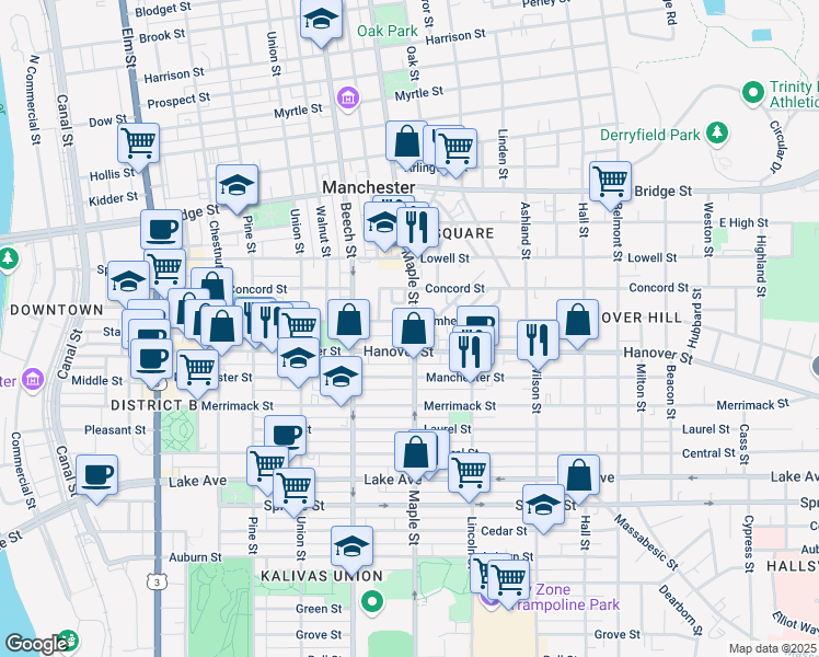 map of restaurants, bars, coffee shops, grocery stores, and more near 453 Maple Street in Manchester