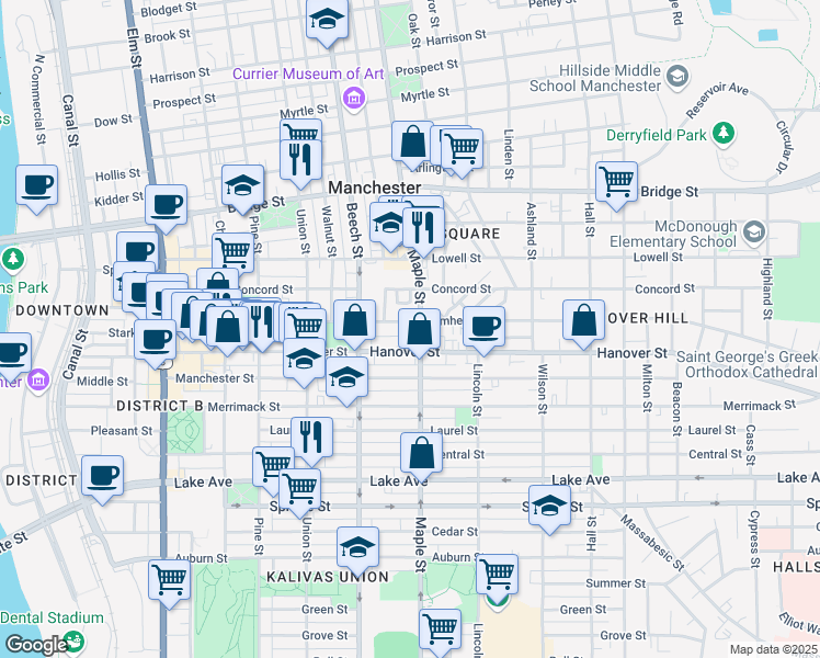 map of restaurants, bars, coffee shops, grocery stores, and more near 313 Amherst Street in Manchester