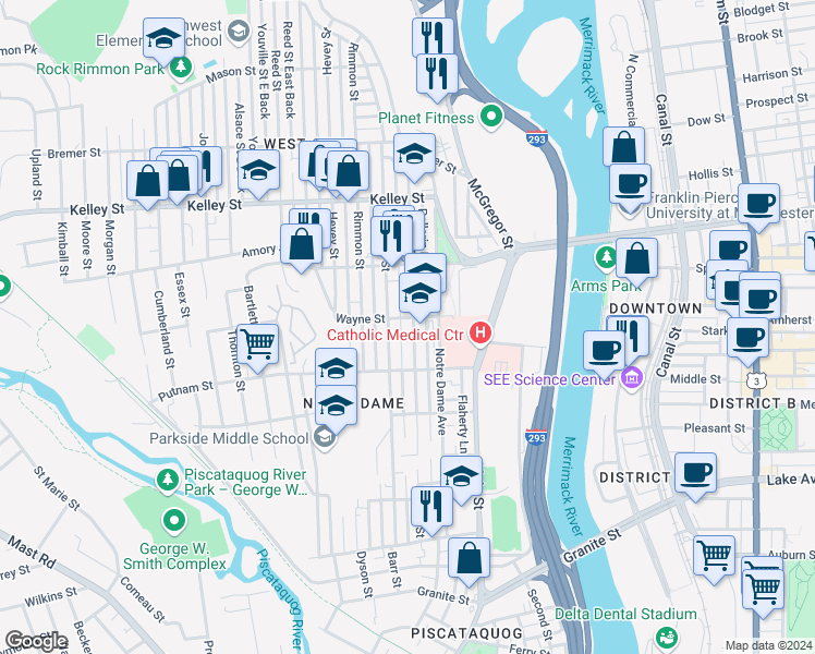 map of restaurants, bars, coffee shops, grocery stores, and more near 305 Cartier Street in Manchester