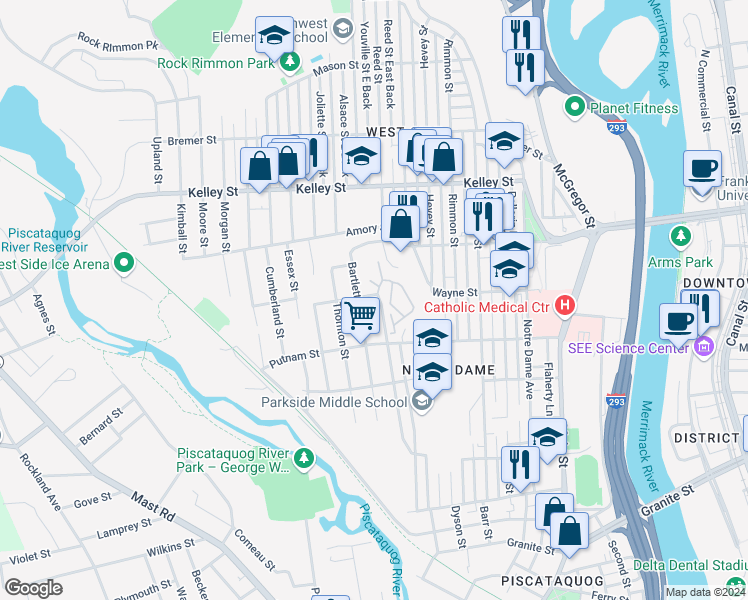 map of restaurants, bars, coffee shops, grocery stores, and more near 395 Bartlett Street in Manchester