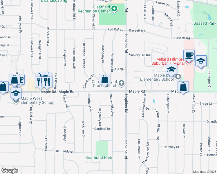 map of restaurants, bars, coffee shops, grocery stores, and more near 1204 Maple Road in Buffalo