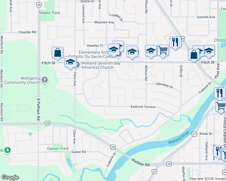 map of restaurants, bars, coffee shops, grocery stores, and more near in Welland