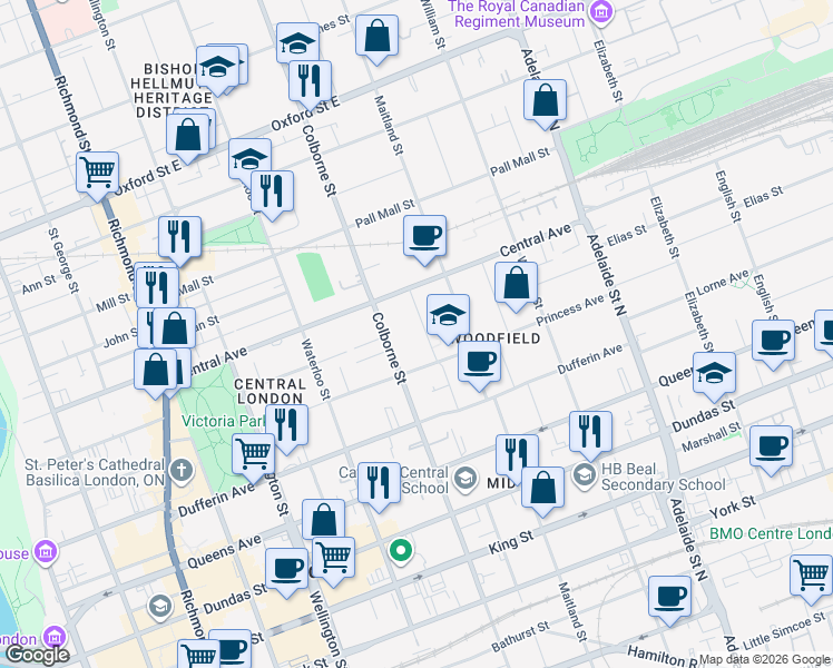 map of restaurants, bars, coffee shops, grocery stores, and more near 550 Colborne Street in London