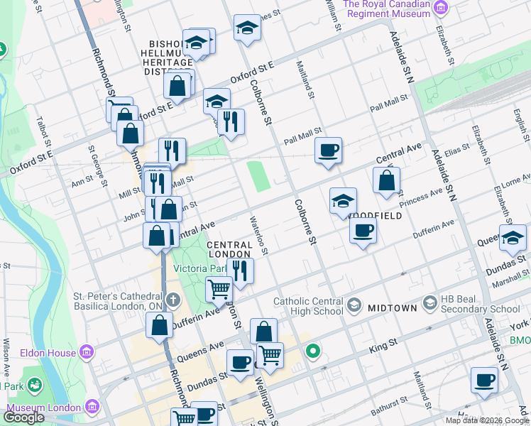 map of restaurants, bars, coffee shops, grocery stores, and more near in London
