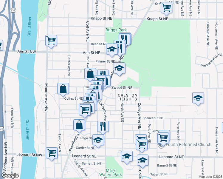 map of restaurants, bars, coffee shops, grocery stores, and more near 1574 Forrest Avenue Northeast in Grand Rapids
