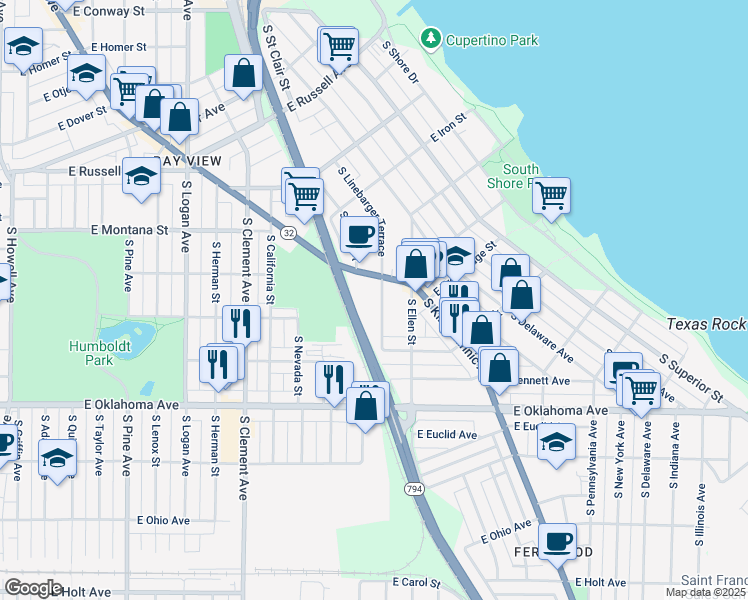 map of restaurants, bars, coffee shops, grocery stores, and more near 2865 South Kinnickinnic Avenue in Milwaukee