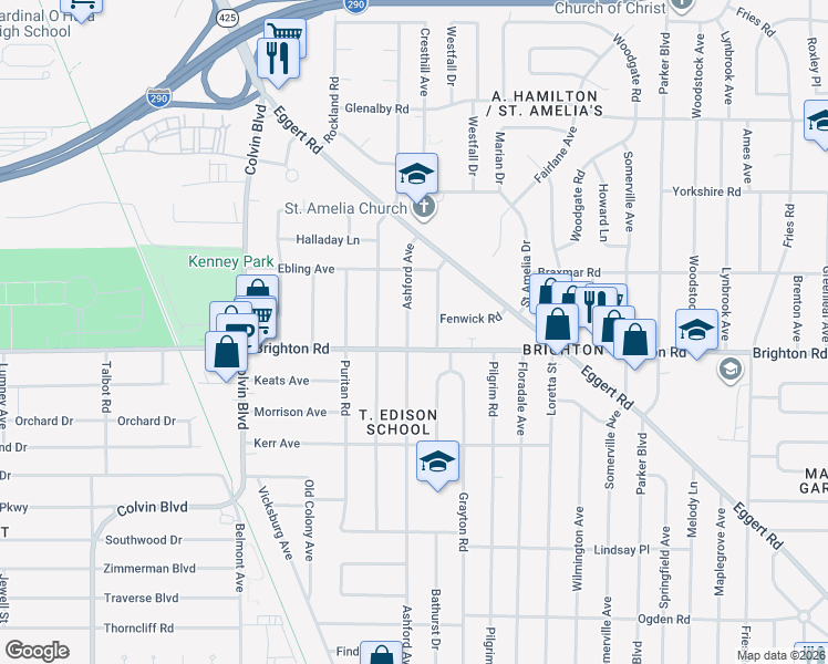 map of restaurants, bars, coffee shops, grocery stores, and more near 389 Ashford Avenue in Tonawanda