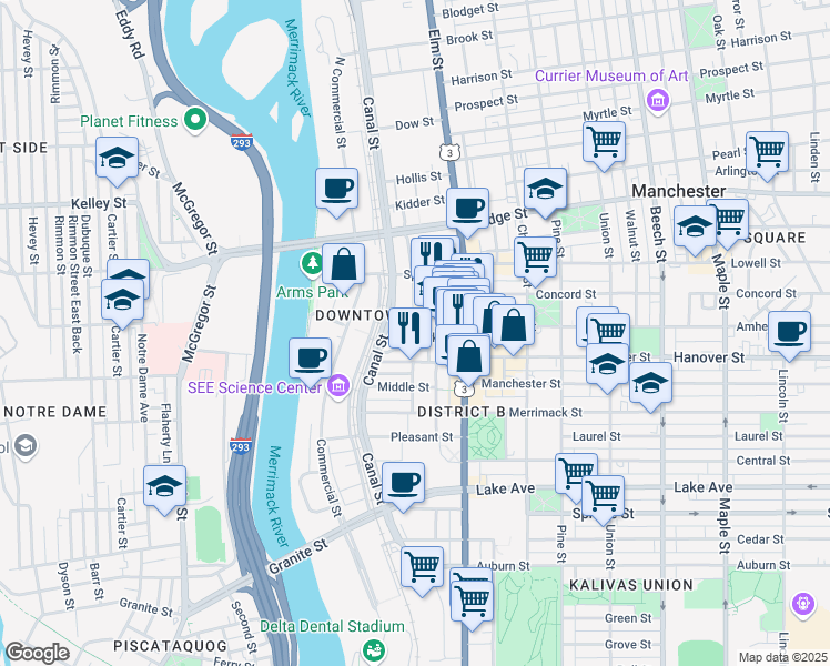 map of restaurants, bars, coffee shops, grocery stores, and more near 75 Stark Street in Manchester