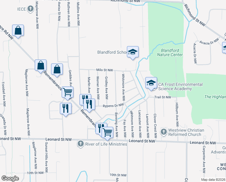 map of restaurants, bars, coffee shops, grocery stores, and more near 1481 Benning Ave NW in Grand Rapids