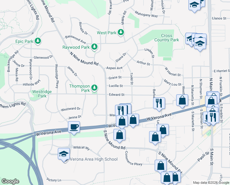 map of restaurants, bars, coffee shops, grocery stores, and more near 413 Edward Street in Verona