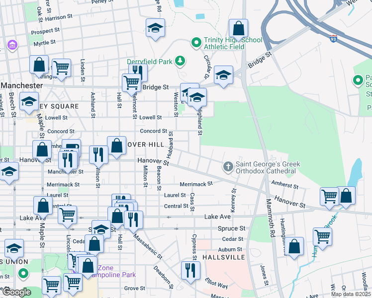 map of restaurants, bars, coffee shops, grocery stores, and more near 566 Amherst Street in Manchester