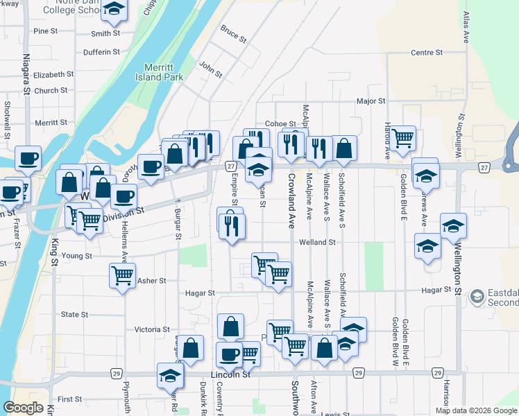 map of restaurants, bars, coffee shops, grocery stores, and more near 51 Duncan Street in Welland