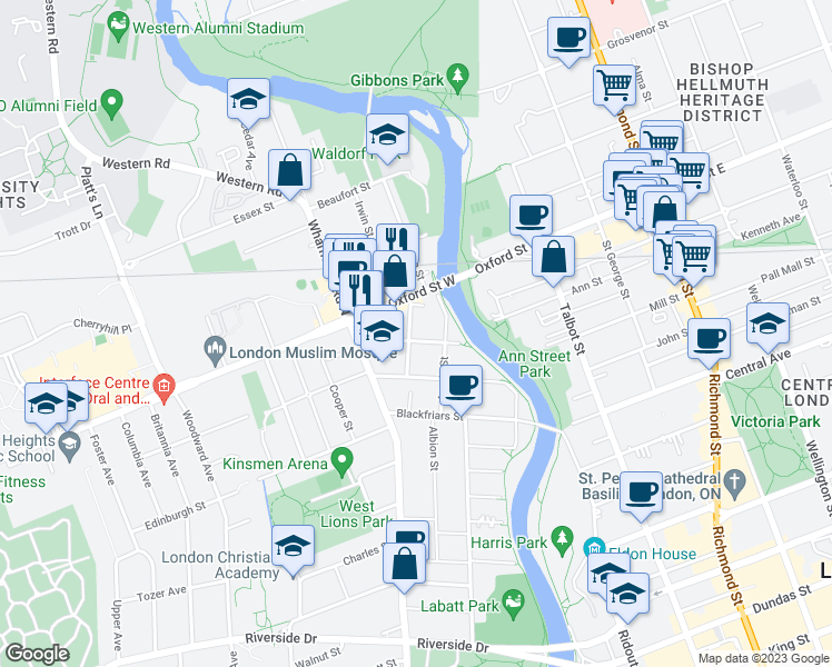 map of restaurants, bars, coffee shops, grocery stores, and more near 27 Saint Andrew Street in London