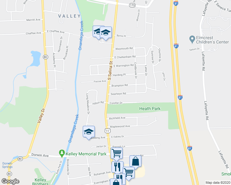 map of restaurants, bars, coffee shops, grocery stores, and more near 125 Searlwyn Road in Syracuse