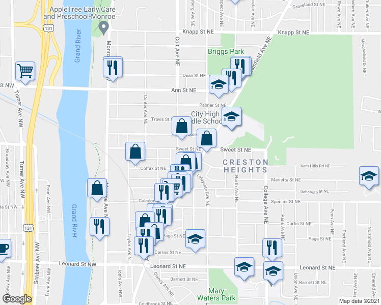 map of restaurants, bars, coffee shops, grocery stores, and more near 224 Sweet Street Northeast in Grand Rapids