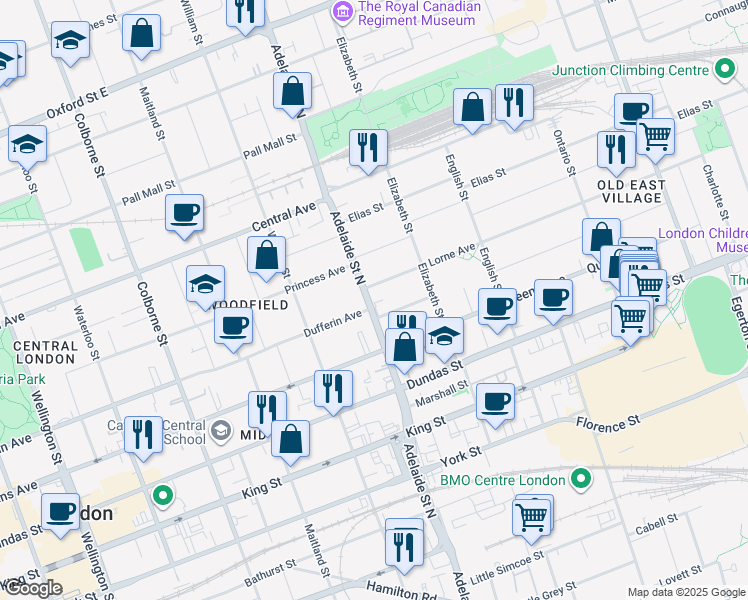 map of restaurants, bars, coffee shops, grocery stores, and more near 490 Adelaide Street North in London