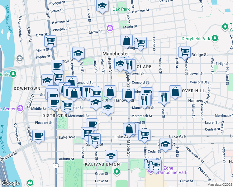 map of restaurants, bars, coffee shops, grocery stores, and more near 293 Amherst Street in Manchester