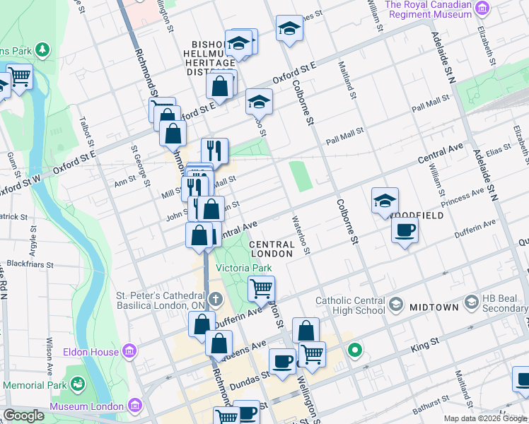 map of restaurants, bars, coffee shops, grocery stores, and more near 302 Central Avenue in London