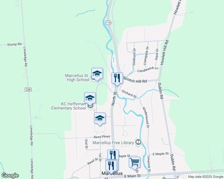 map of restaurants, bars, coffee shops, grocery stores, and more near 1 Mustang Hill in Marcellus