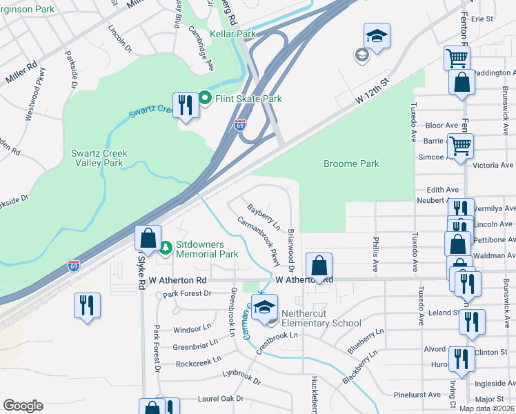 map of restaurants, bars, coffee shops, grocery stores, and more near 1912 Bayberry Lane in Flint