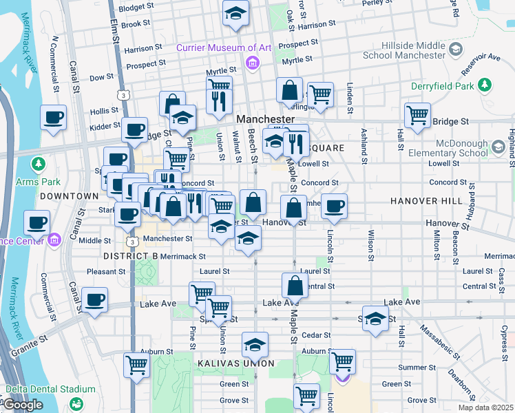 map of restaurants, bars, coffee shops, grocery stores, and more near 509 New Hampshire 28 in Manchester