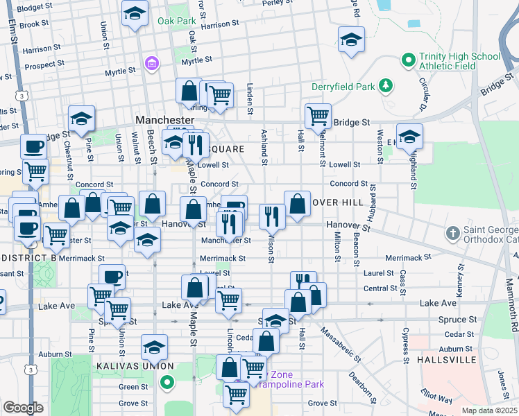 map of restaurants, bars, coffee shops, grocery stores, and more near 411 Amherst Street in Manchester