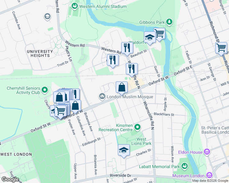map of restaurants, bars, coffee shops, grocery stores, and more near 10 Gower Street in London