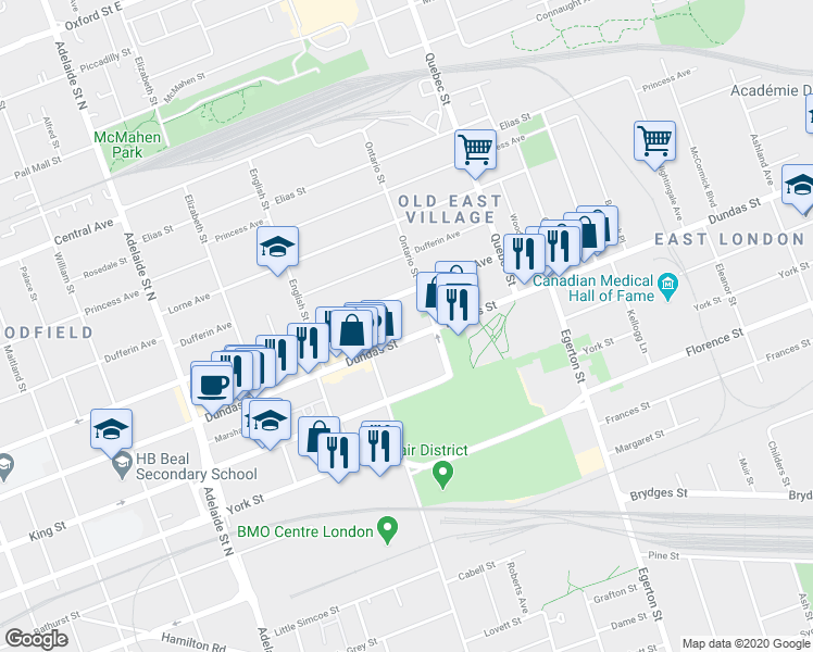 map of restaurants, bars, coffee shops, grocery stores, and more near 848 Dundas Street in London
