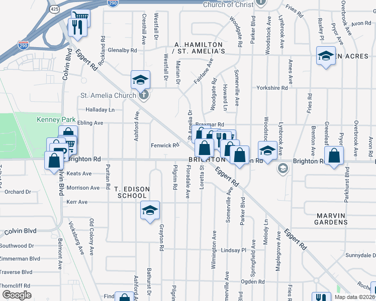 map of restaurants, bars, coffee shops, grocery stores, and more near 2840 Eggert Road in Tonawanda