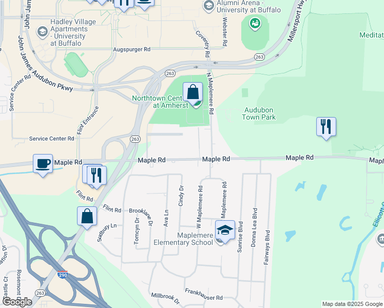 map of restaurants, bars, coffee shops, grocery stores, and more near 134 Maple Road in Buffalo