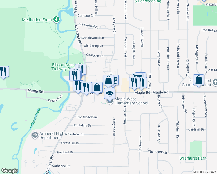 map of restaurants, bars, coffee shops, grocery stores, and more near 24 Old Lyme Drive in Buffalo