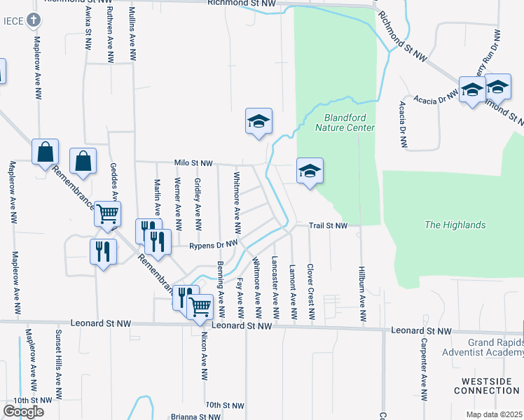 map of restaurants, bars, coffee shops, grocery stores, and more near 3114 Hoehn Street Northwest in Grand Rapids