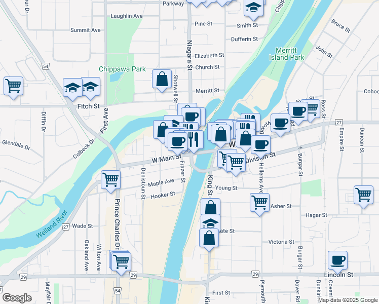 map of restaurants, bars, coffee shops, grocery stores, and more near 1 Niagara Street in Welland