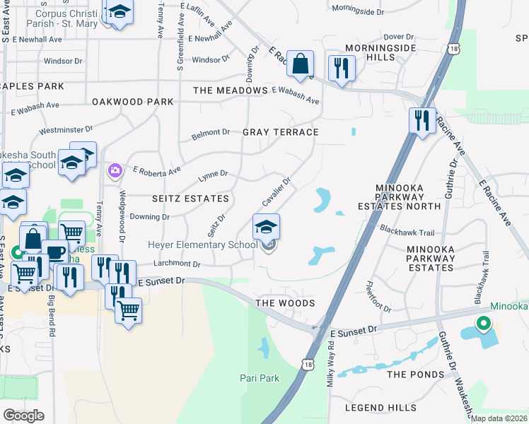 map of restaurants, bars, coffee shops, grocery stores, and more near 1115 Cavalier Drive in Waukesha