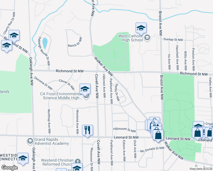 map of restaurants, bars, coffee shops, grocery stores, and more near 1504 Hillcrest Avenue Northwest in Grand Rapids