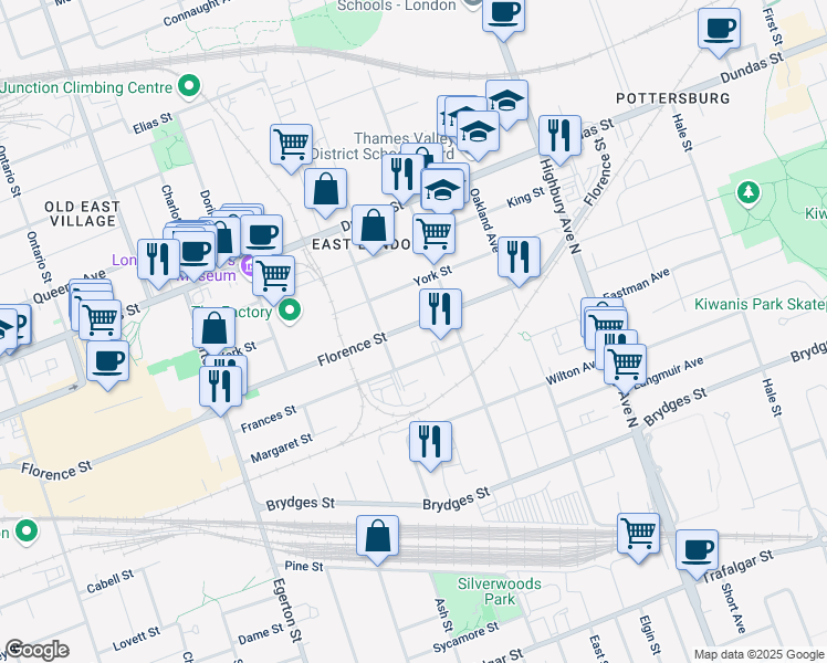 map of restaurants, bars, coffee shops, grocery stores, and more near 1185 Florence Street in London