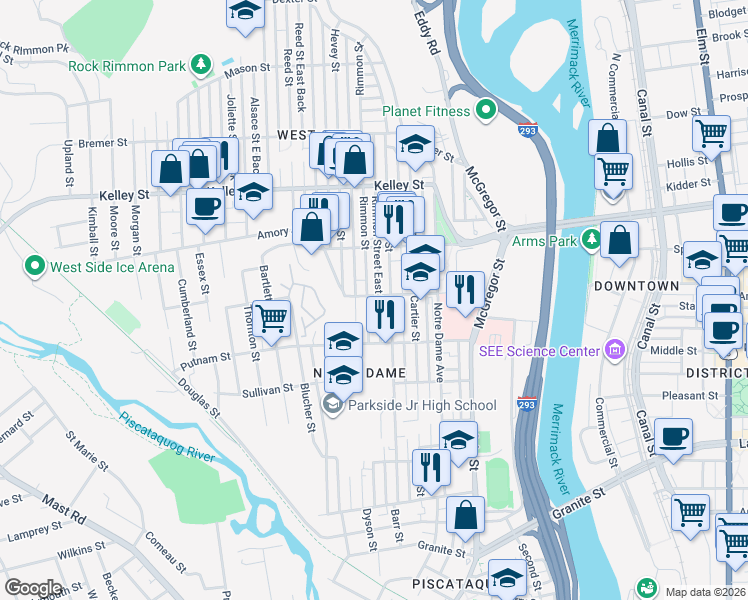 map of restaurants, bars, coffee shops, grocery stores, and more near 343 Rimmon Street in Manchester