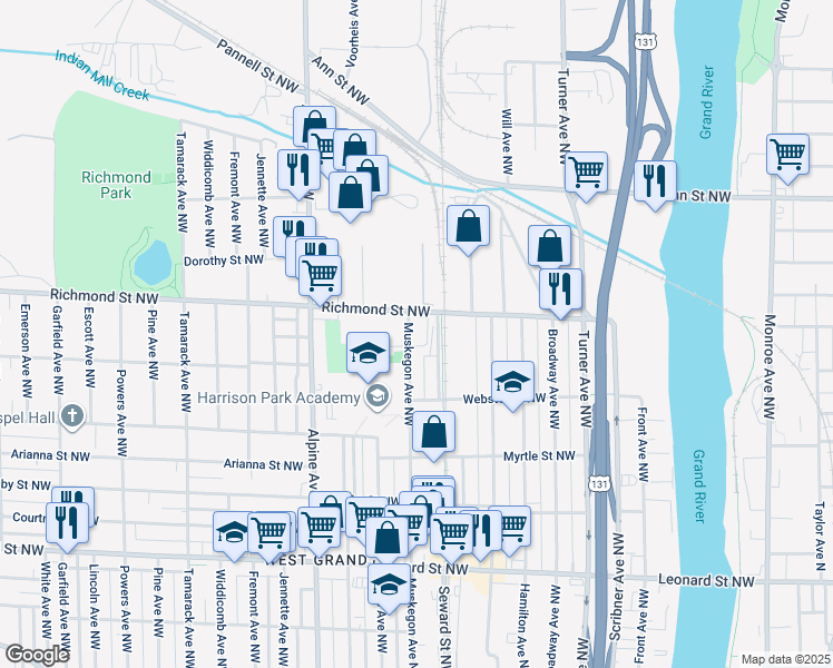 map of restaurants, bars, coffee shops, grocery stores, and more near 638 Richmond Street Northwest in Grand Rapids