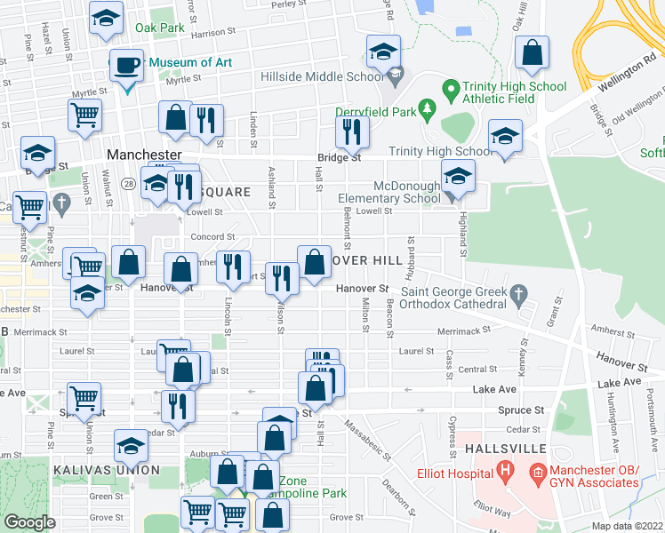 map of restaurants, bars, coffee shops, grocery stores, and more near 469 Amherst Street in Manchester