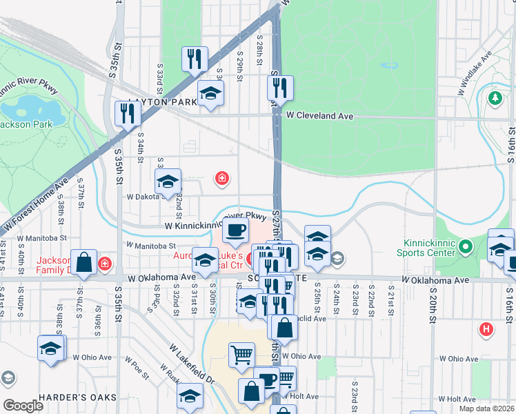 map of restaurants, bars, coffee shops, grocery stores, and more near 2957 South 27th Street in Milwaukee